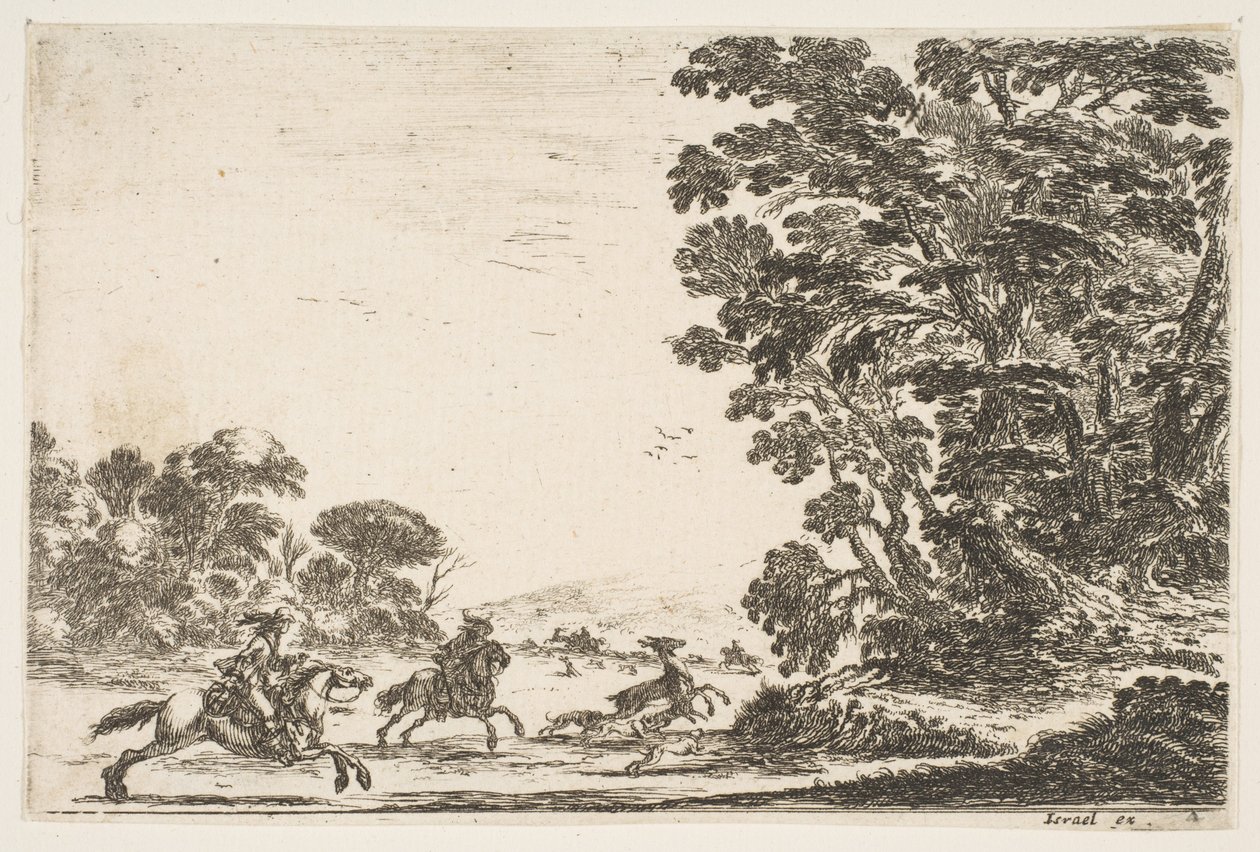 4. tábla: szarvasvadászat, két lovas vágtat balra három kutya és egy szarvas mögött..., 1642. alkotó: Stefano della Bella