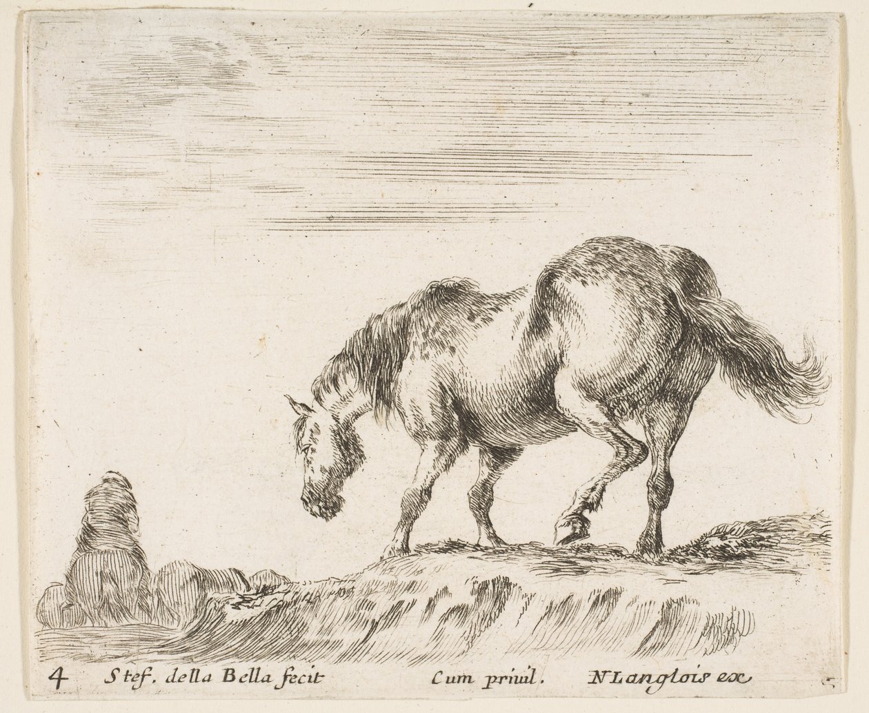 4. tábla: balra néző ló profilban, halomról leszállni készül, ló..., kb. 1644-47. alkotó: Stefano della Bella