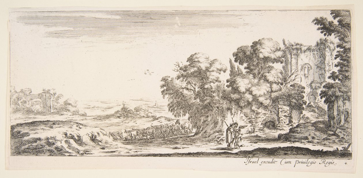 4. tábla: jobbra két zarándok romokat figyel, az egyik jobbra mutat, egy juh..., kb. 1641. alkotó: Stefano della Bella