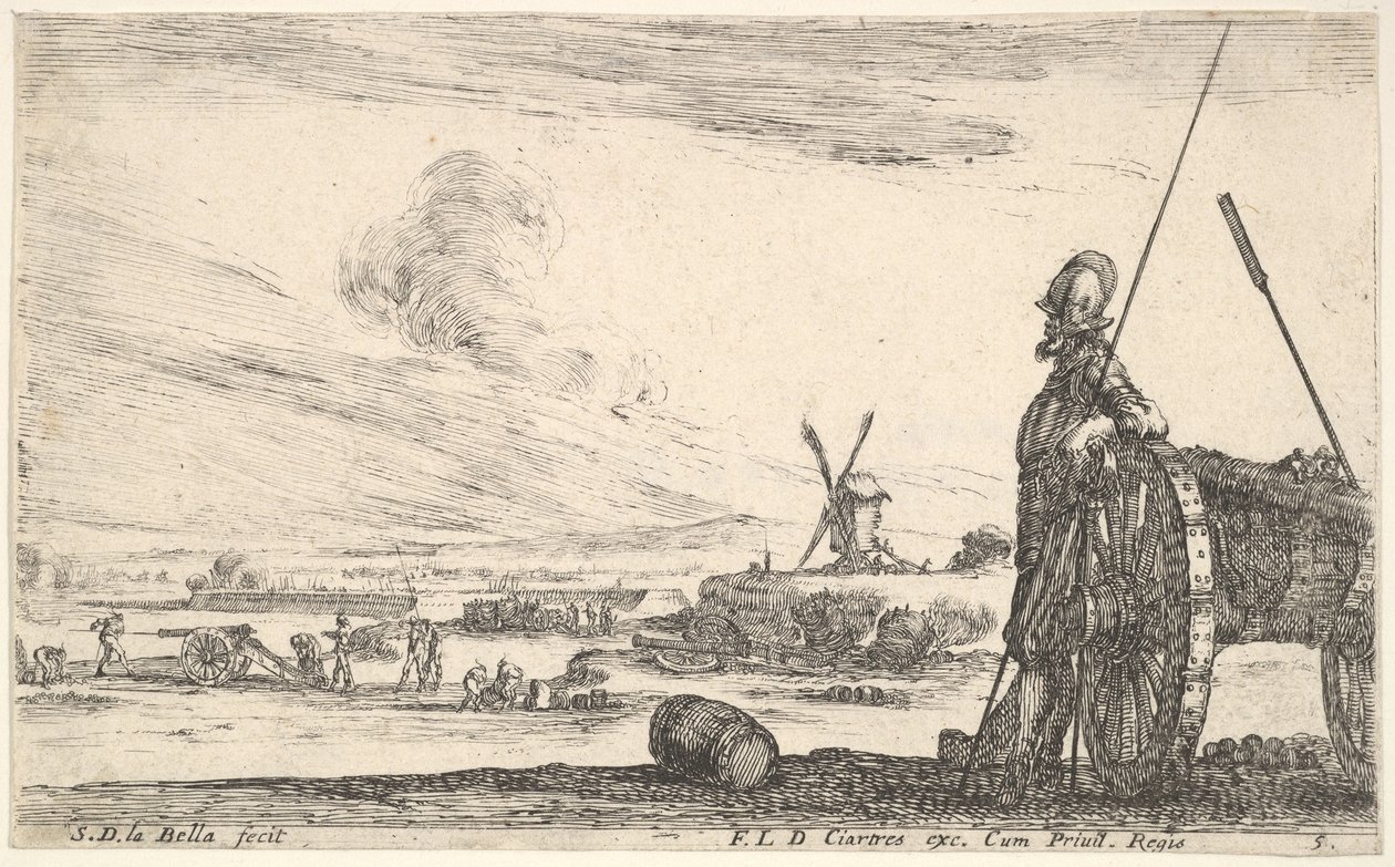 5. tábla: Egy Pikeman közvetlenül egy kanonok mellett áll, más katonai alakok a ba..., kb. 1641. alkotó: Stefano della Bella