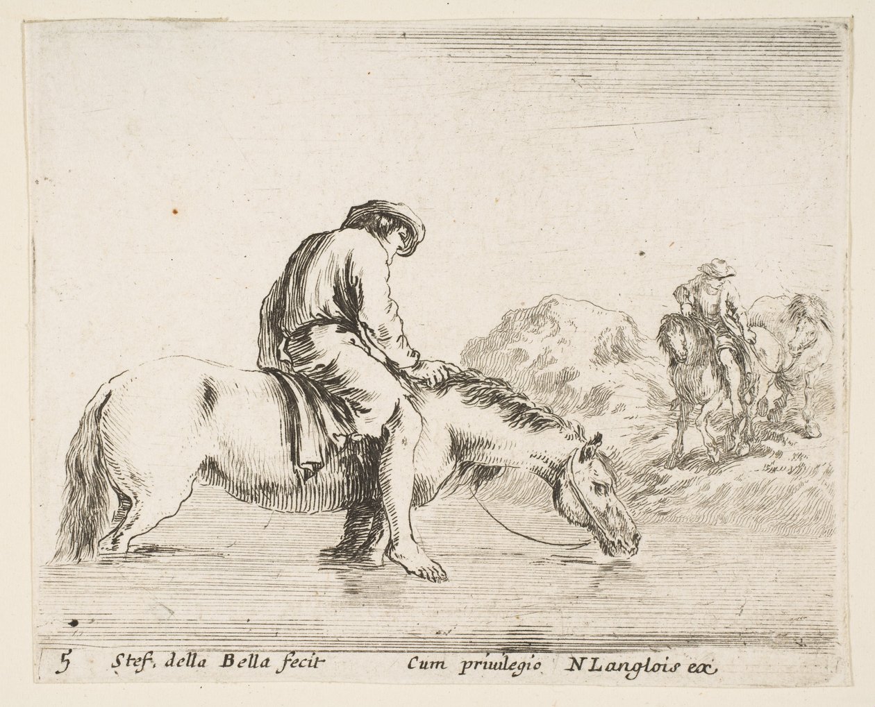 5. tábla: mezítlábas paraszt lóháton átkel a folyón, egy másik paraszt lovon..., kb. 1644-47. alkotó: Stefano della Bella