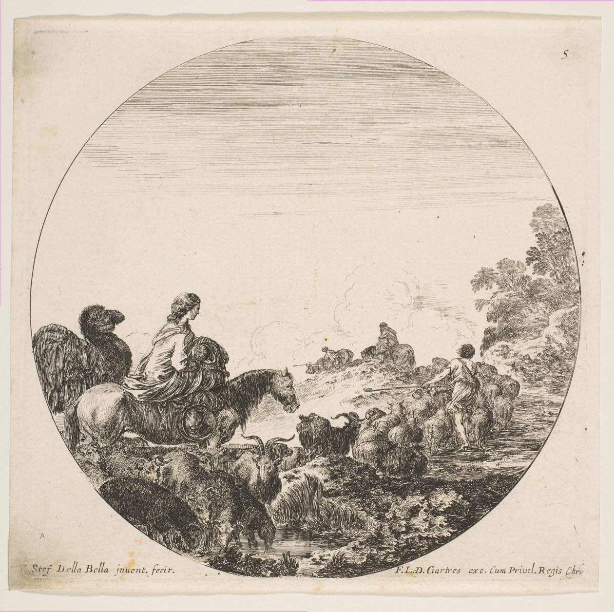 5. tábla: bal oldalon egy nő, aki gyermeket cipel lovon, egy teve követi, egy falka..., kb. 1646. alkotó: Stefano della Bella