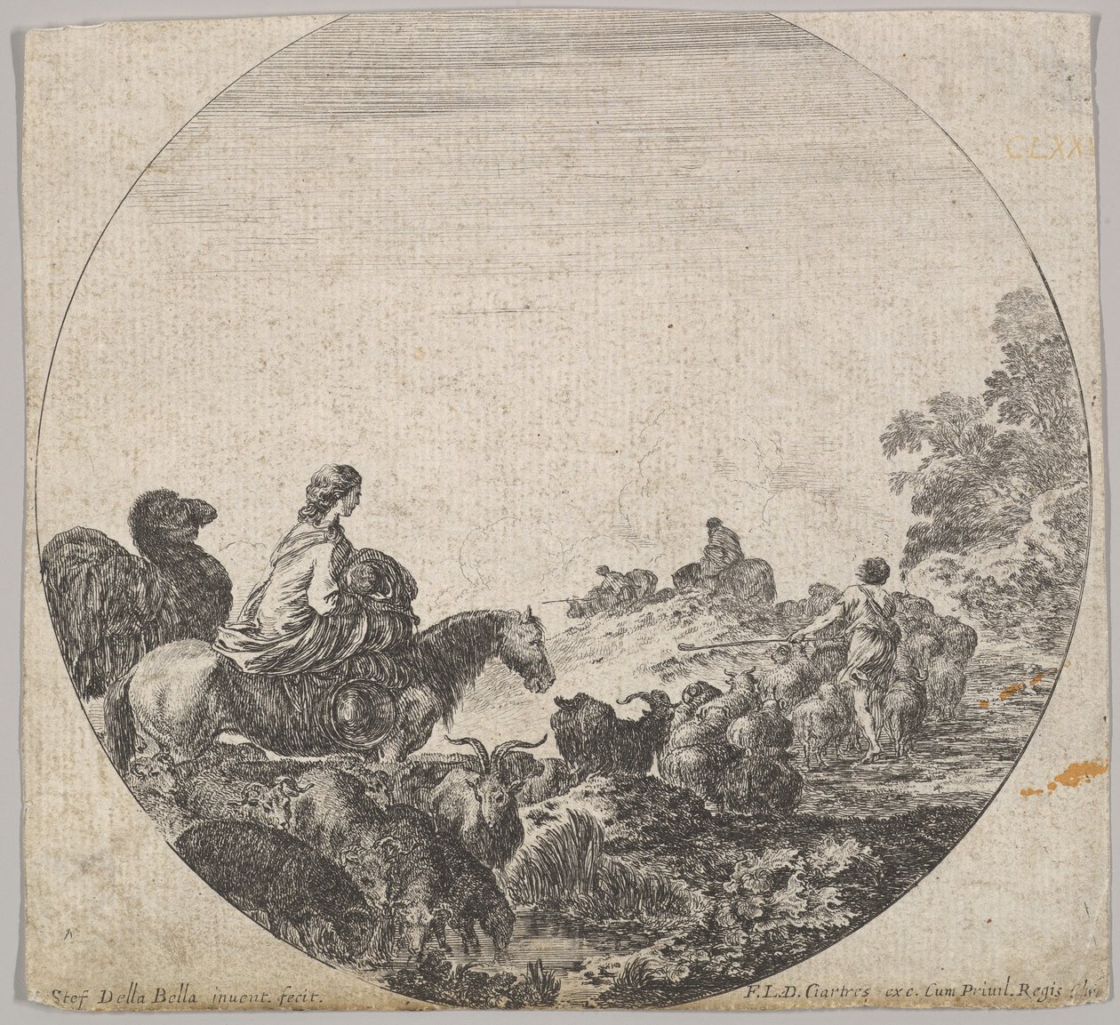 5. tábla: balra lovon gyermeket szállító nő, teve követi, csorda..., kb. 1643-48. alkotó: Stefano della Bella
