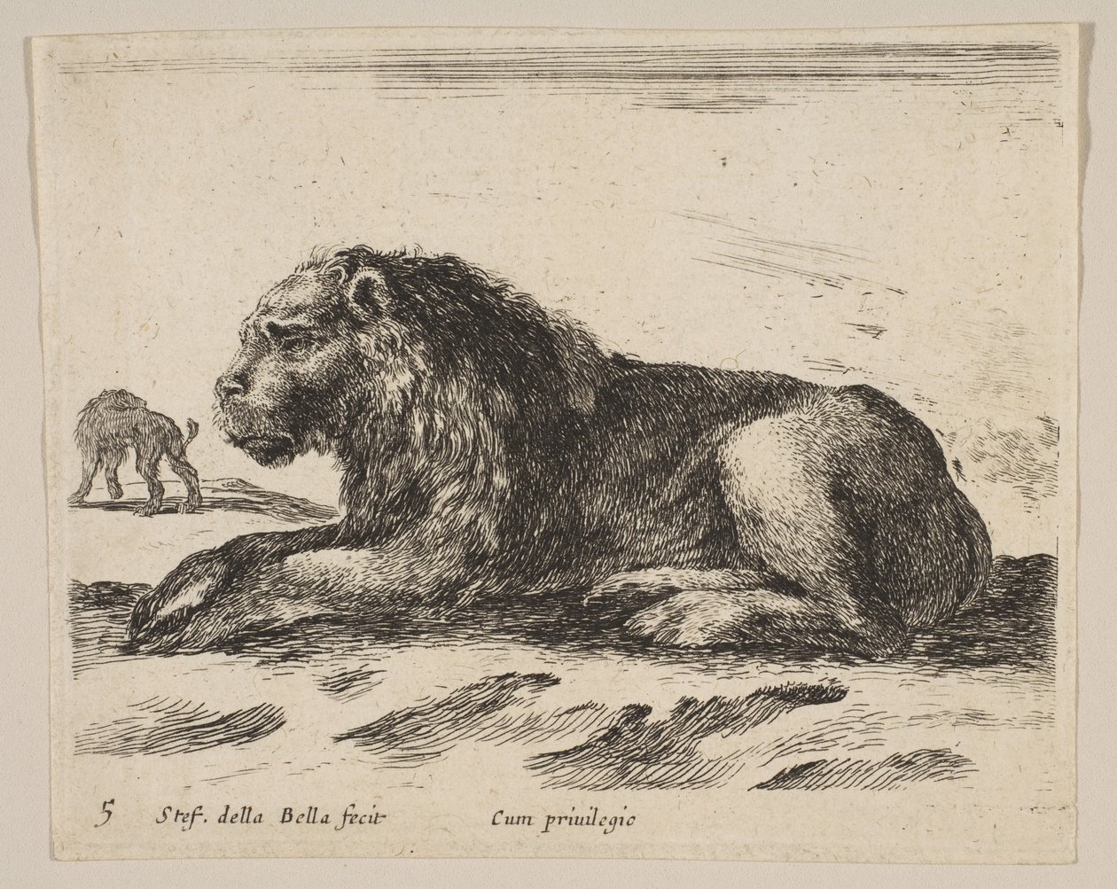 5. tábla: fekvő oroszlán, különböző állatokból Diversi animali, kb. 1641. alkotó: Stefano della Bella