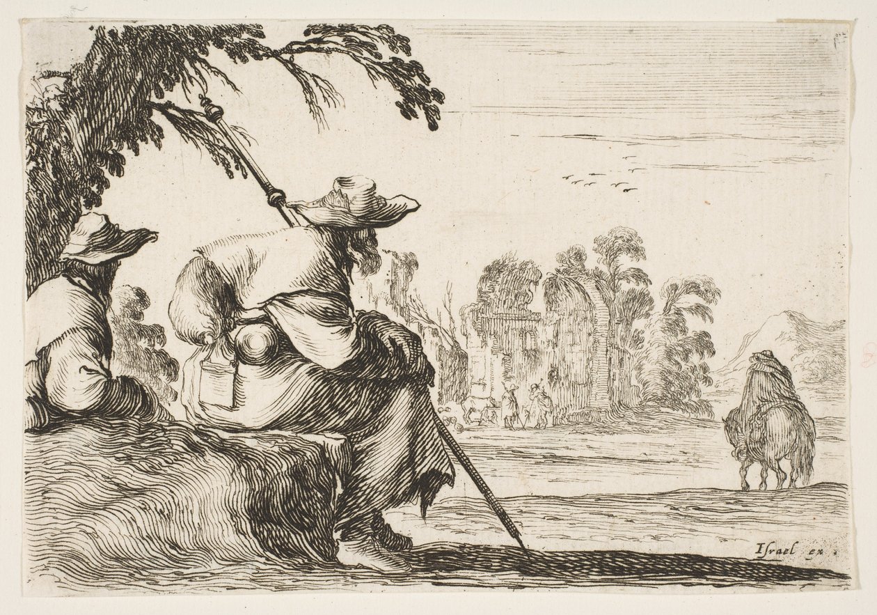 5. tábla: balra két kalapos zarándok, hátulról nézve lovas lovagol felé..., 1642. alkotó: Stefano della Bella