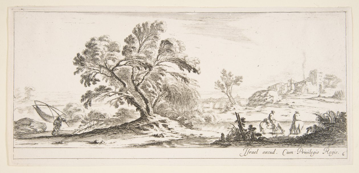 6. tábla: balra hálót cipelő halász, jobbra két lovas patakban, fa..., kb. 1641. alkotó: Stefano della Bella