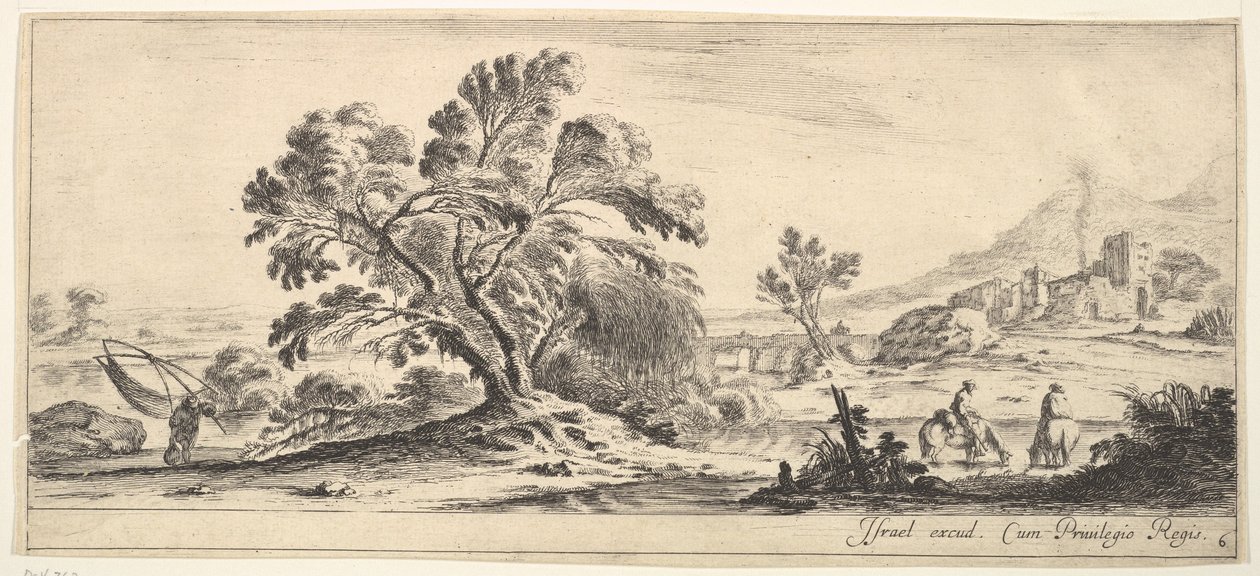 6. tábla: balra hálót cipelő halász, jobbra két lovas patakban, fa..., kb. 1641. alkotó: Stefano della Bella