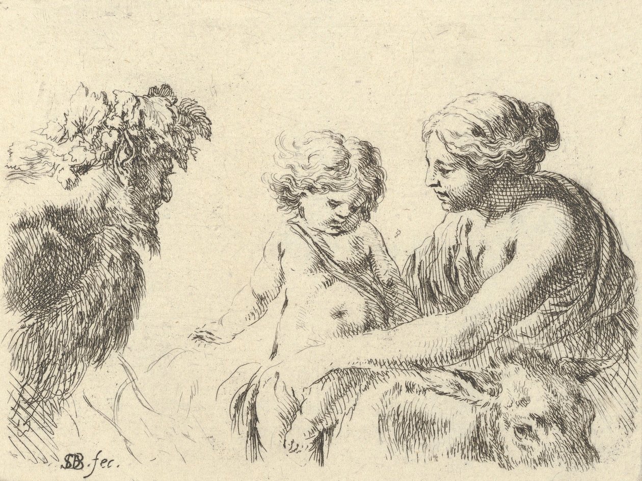 6. tábla: egy nő a jobb oldalon, kezében a gyermekével, aki egy szamár tetején ül, egy szatír a..., kb. 1646. alkotó: Stefano della Bella