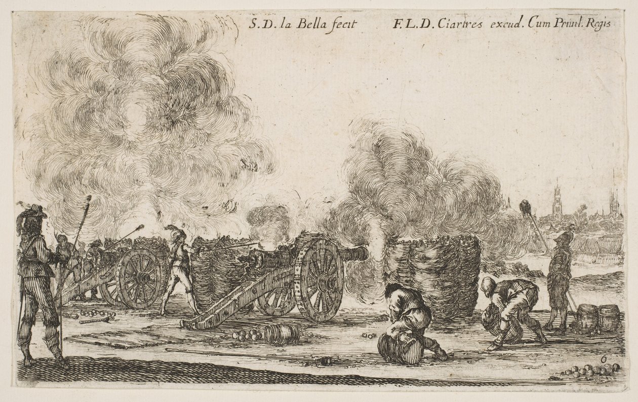 6. tábla: városra lőtt ágyúüteg, a Various Military Caprices Varii ...-ból, kb. 1641. alkotó: Stefano della Bella