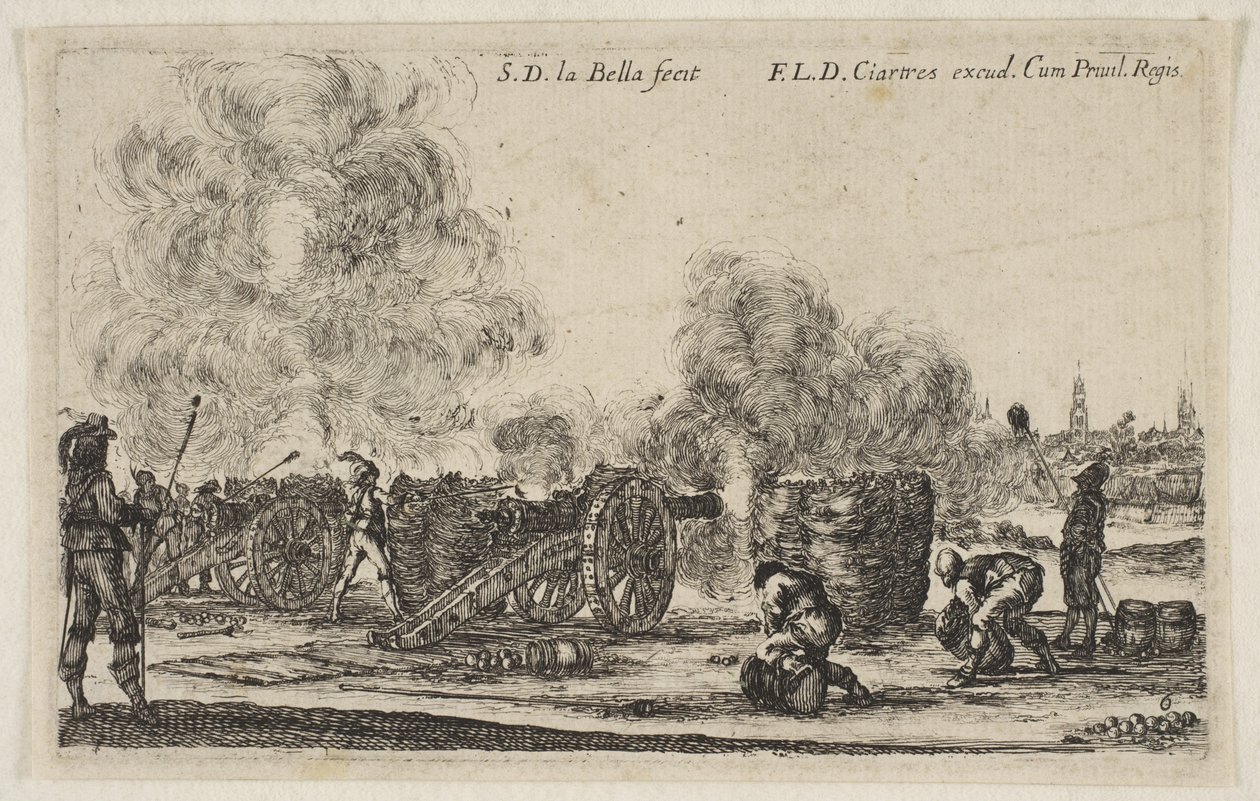 6. tábla: városra lőtt ágyúüteg, a Various Military Caprices Varii ...-ból, kb. 1641. alkotó: Stefano della Bella