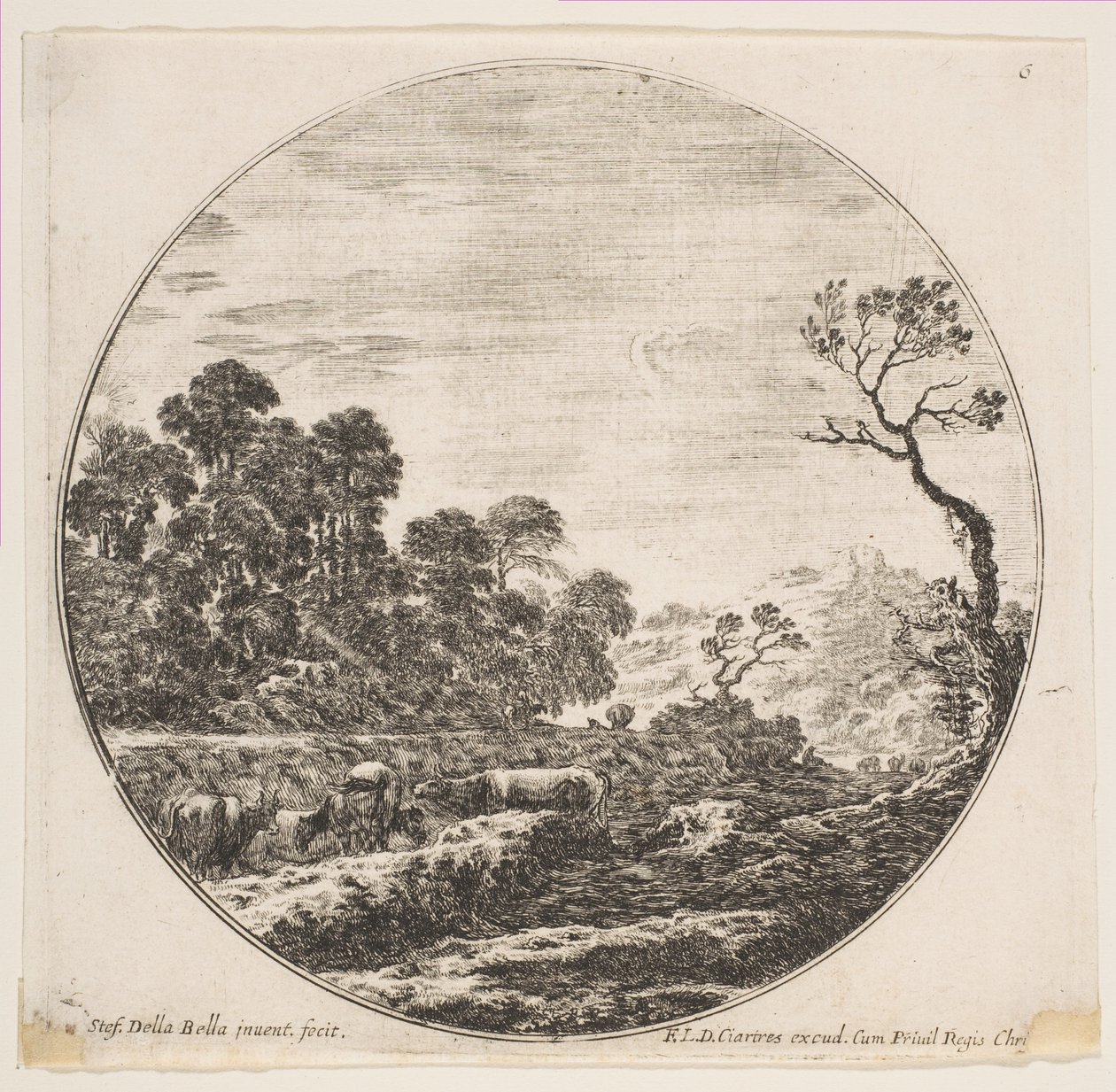 6. tábla: tehenek átkelnek egy völgyön balra, egy lovas és más tehenek a háttérben..., kb. 1646. alkotó: Stefano della Bella