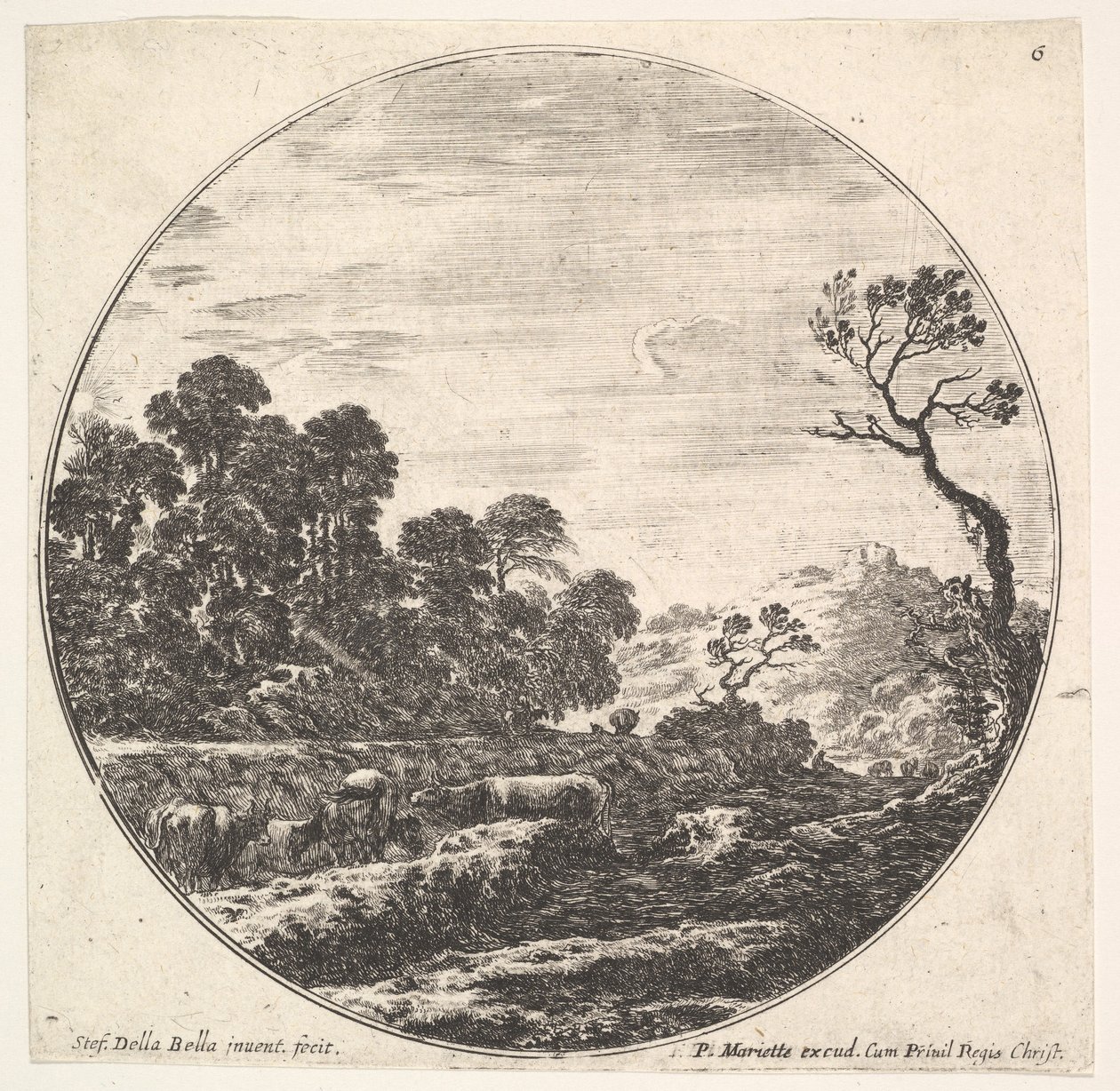 6. tábla: tehenek átkelnek egy völgyön balra, egy facsoport balra, egy lovas és o..., kb. 1643-48. alkotó: Stefano della Bella