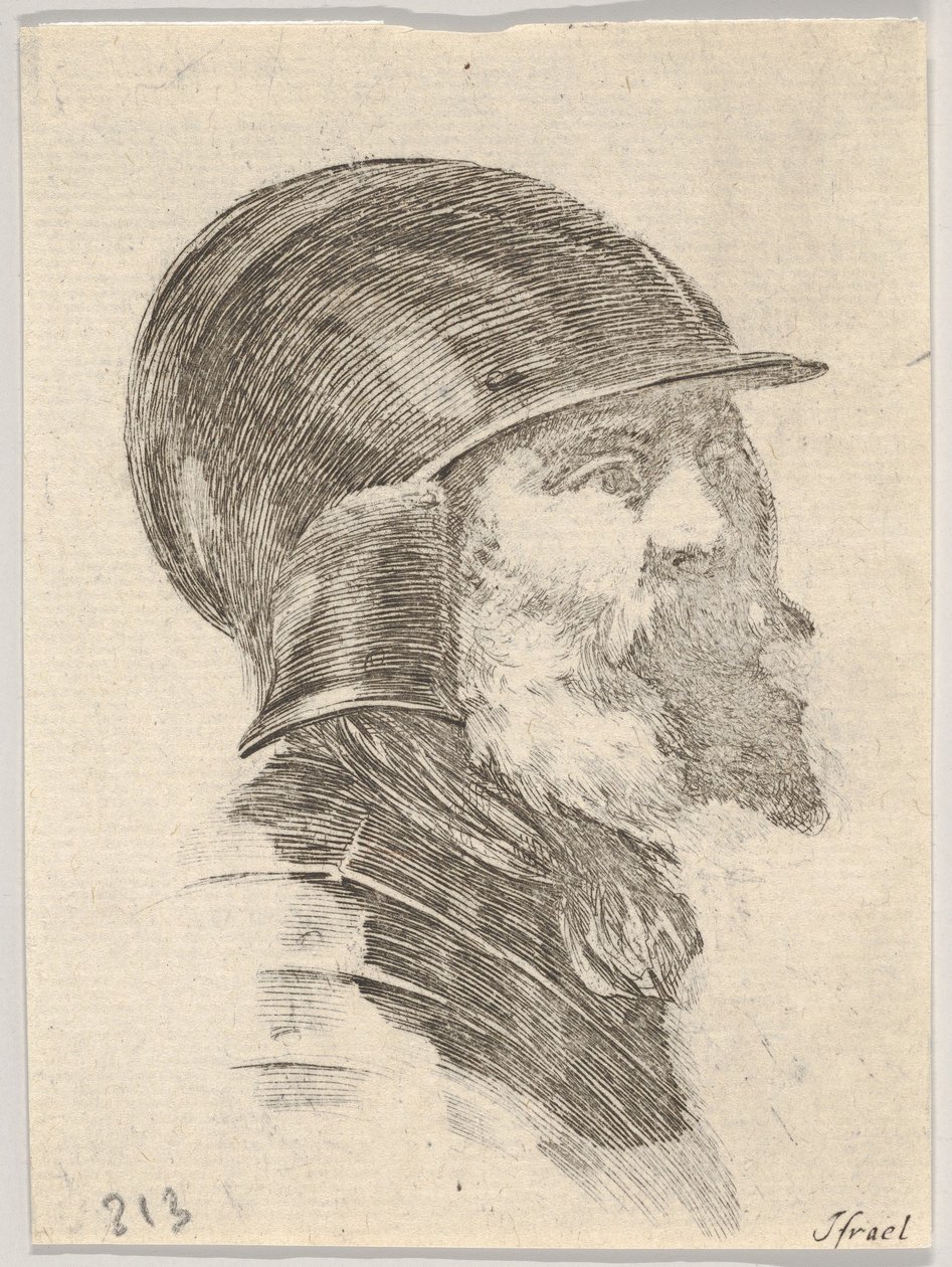 6. tábla: egy sisakot viselő, szakállas idős katona feje jobbra néz, a Various Heads...-ből, 1650. alkotó: Stefano della Bella