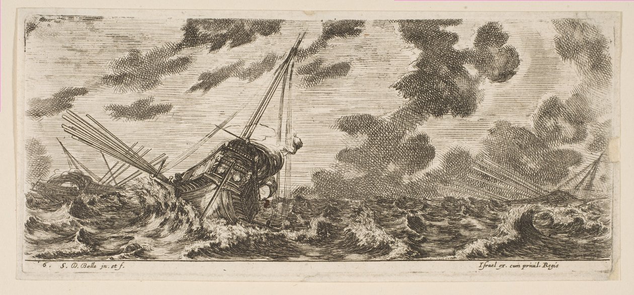 6. tábla: három hajó egy viharban, a Various Embarkations Divers rakpartokról, kb. 1646-47. alkotó: Stefano della Bella