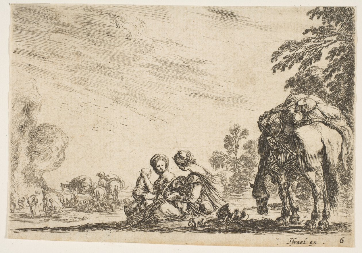 6. tábla: két nő, az egyik gyermeket szoptat, egy kutya és egy csomagot vivő ló mellett ülve..., 1642. alkotó: Stefano della Bella