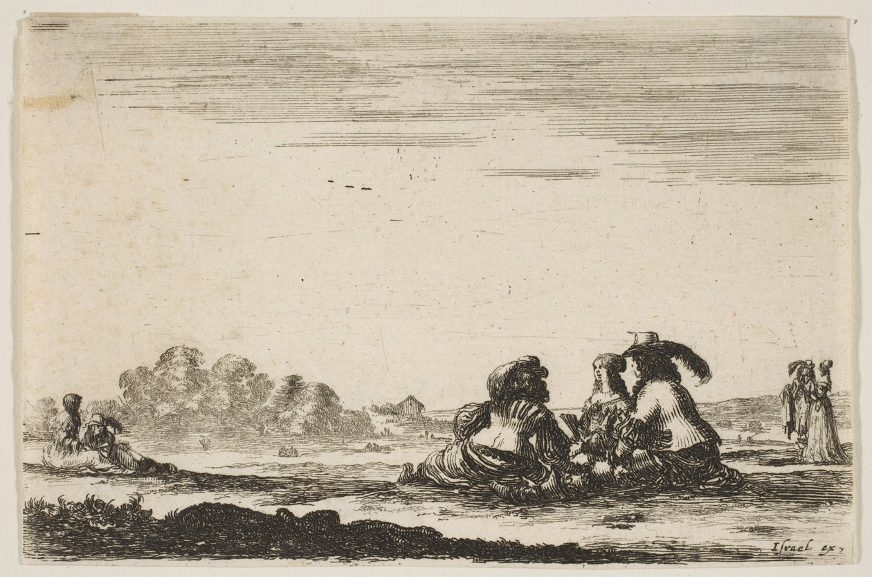 7. tábla: Két nemes ül középen, hátulról nézve, egy nemesi tengerrel beszélgetnek..., 1642. alkotó: Stefano della Bella