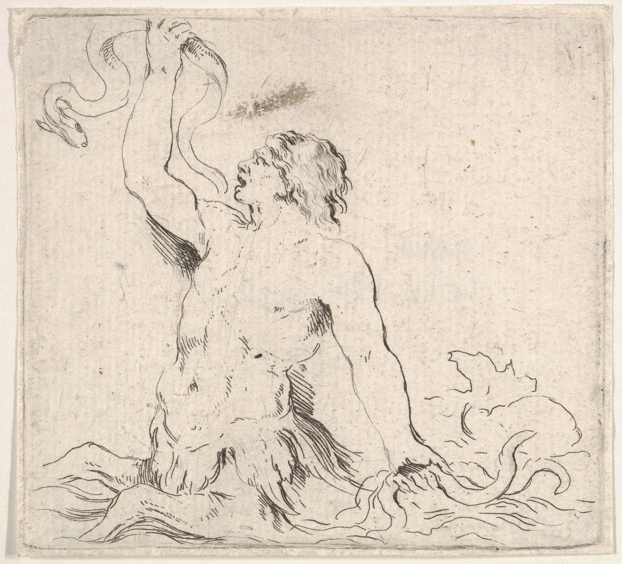 7. tábla: egy triton a vízben, balra néz, jobb kezében egy angolnát tart és t..., kb. 1646. alkotó: Stefano della Bella