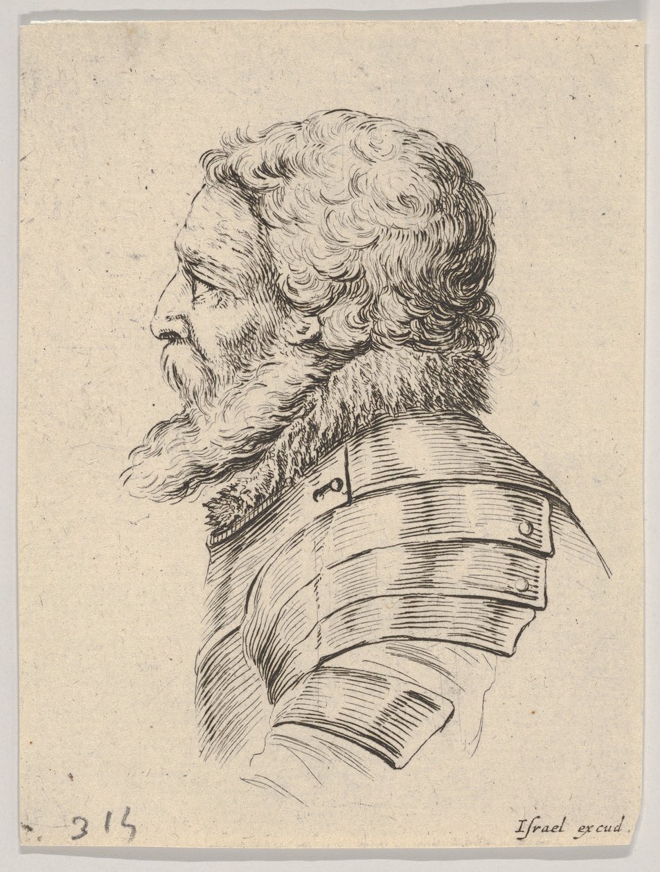 7. tábla: egy szakállas, páncélt viselő katona mellszobra, balra nézve, Various he...-ről, 1650. alkotó: Stefano della Bella
