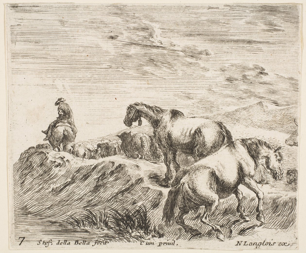 7. tábla: két ló jobbra emelkedik a folyó partjára, körmenetet követve ..., kb. 1644-47. alkotó: Stefano della Bella