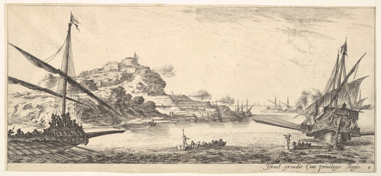 8. tábla: A bal oldalon egy gálya orra, jobbra egy másik gálya, hátulról nézve..., kb. 1641. alkotó: Stefano della Bella