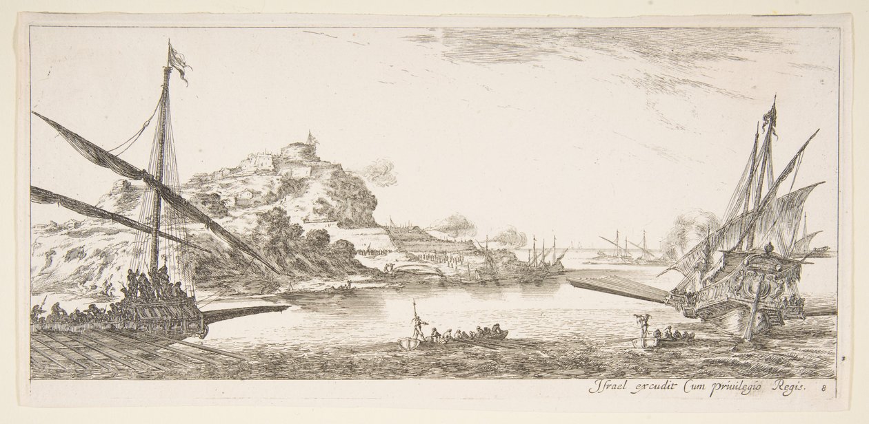 8. tábla: A bal oldalon egy gálya orra, jobbra egy másik gálya, hátulról nézve..., kb. 1641. alkotó: Stefano della Bella