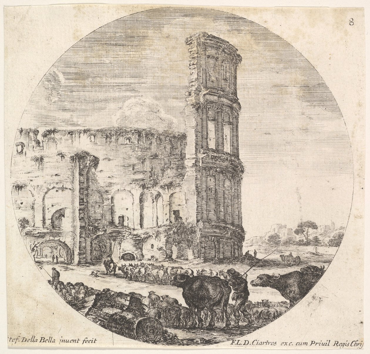 8. tábla: a Colosseum, két csorda a fo...-ban található amfiteátrum felé irányítva, kb. 1643-48. alkotó: Stefano della Bella