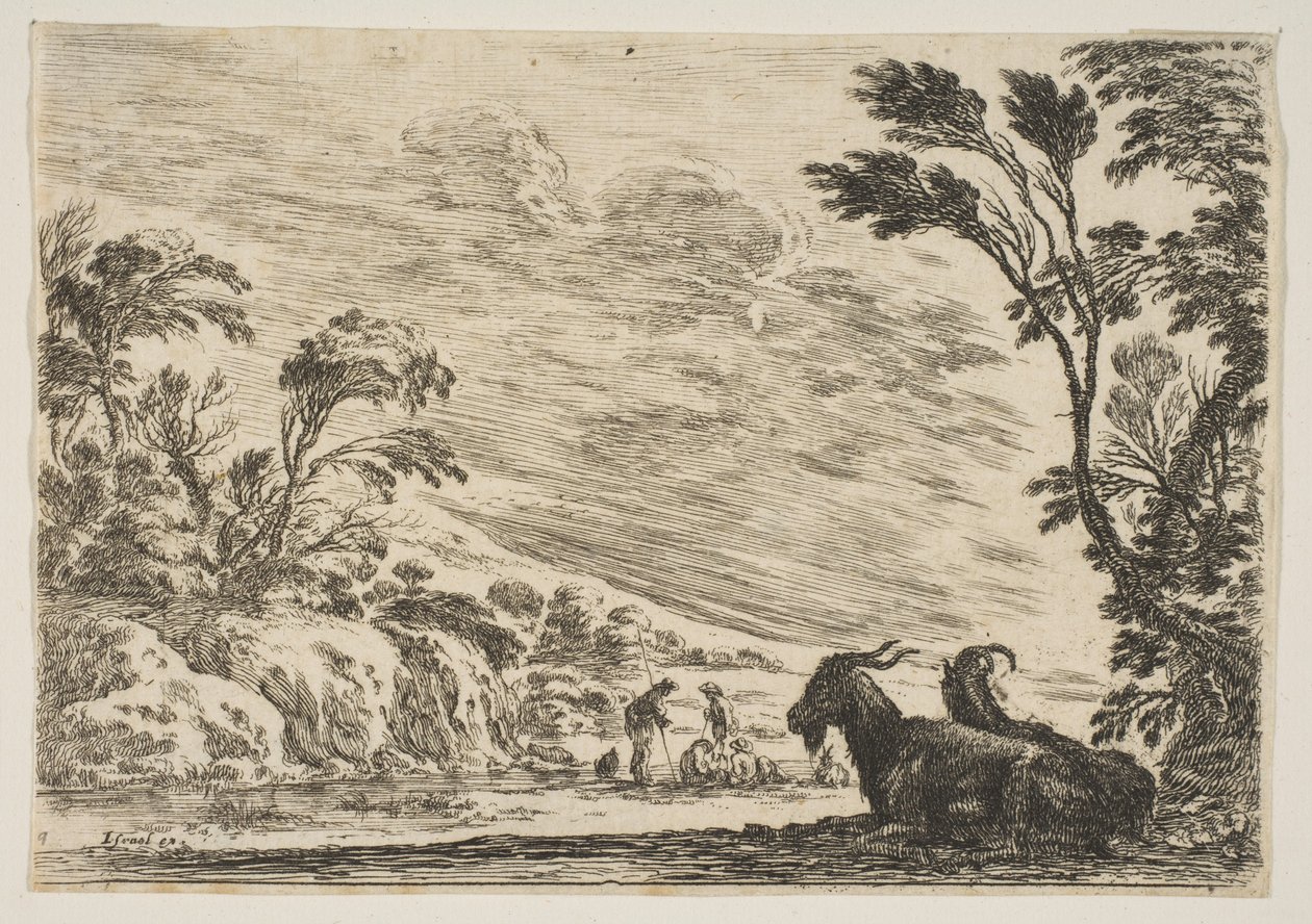 9. tábla: Két kecske pihen jobbra, balra fordulva, négy ember és egy ló egy ri...-ban, 1642. alkotó: Stefano della Bella