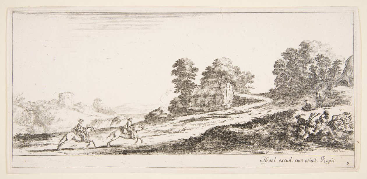 9. tábla: bal oldalon két lovas vágtat felfelé jobbra, egy ló és ülő m..., kb. 1641. alkotó: Stefano della Bella