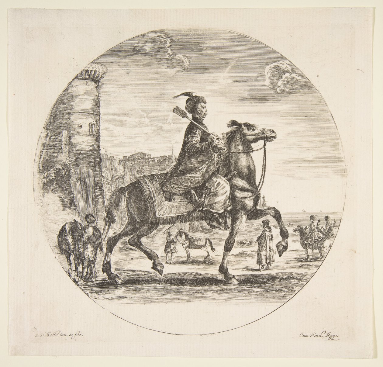 Lengyel lovas profilban jobbra, torony és egyéb lovas alakok hátul..., kb. 1651. alkotó: Stefano della Bella