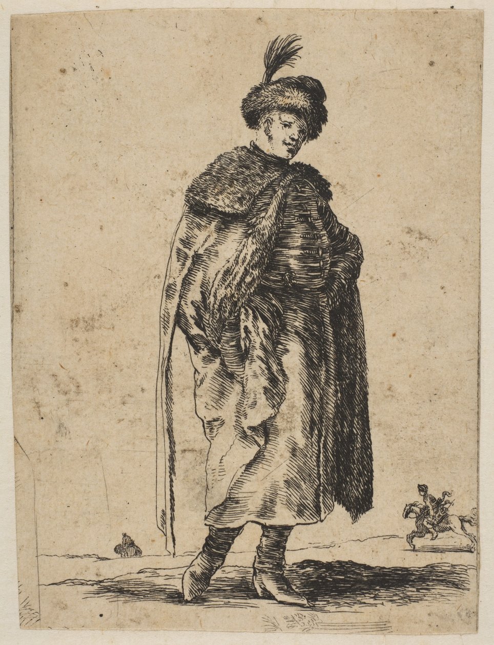 Bajuszos lengyel férfi bundában és tollas kalapban, kb. 1648. alkotó: Stefano della Bella