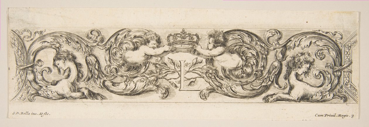 Rinceaux két gyermekkel, akik királyi koronát tartanak az L betű felett, 3. tábla a következőről: „D..., kb. 1648. alkotó: Stefano della Bella