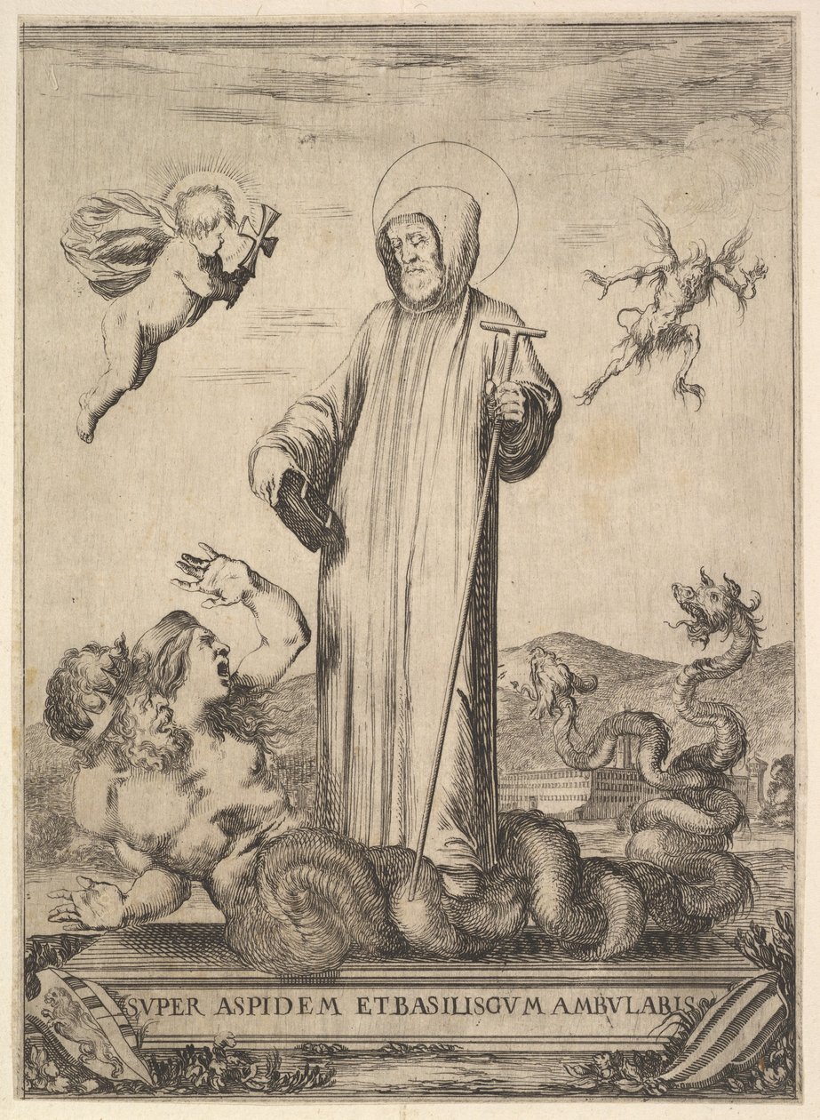 Saint Jean Gualbert egy szörnyet tapos, két emberfejjel és kígyótesttel, egy légy..., 1640. alkotó: Stefano della Bella