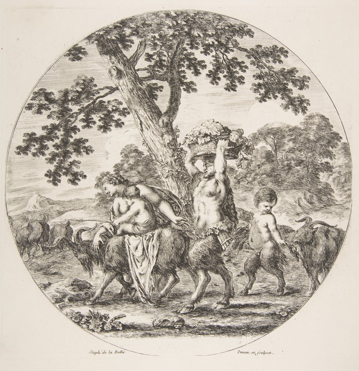 Szatír család balra sétál két kecskével és egy kosár szőlővel, kb. 1657. alkotó: Stefano della Bella