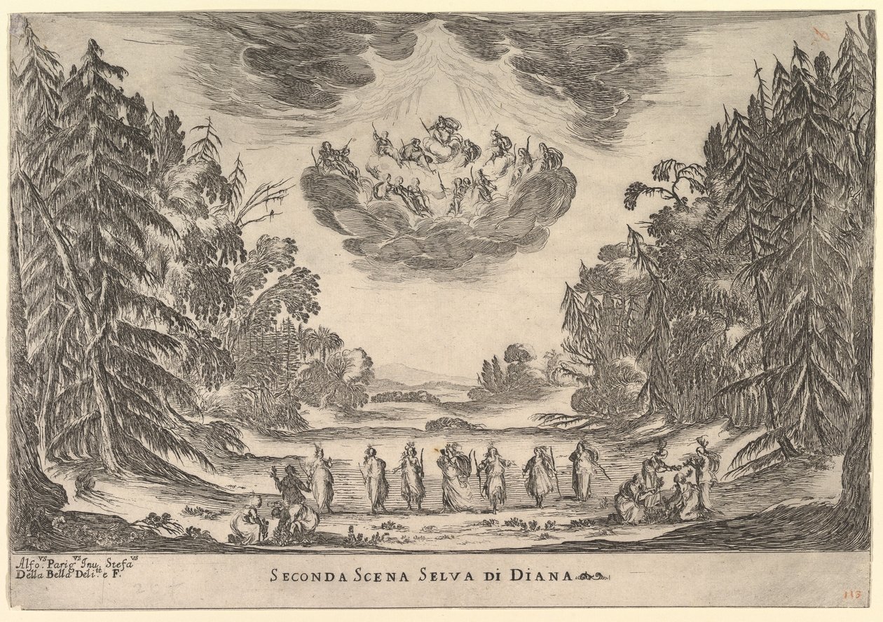 Második jelenet Diana erdejében, Az istenek házassága Le nozze degli Dei, 1637-ből. alkotó: Stefano della Bella