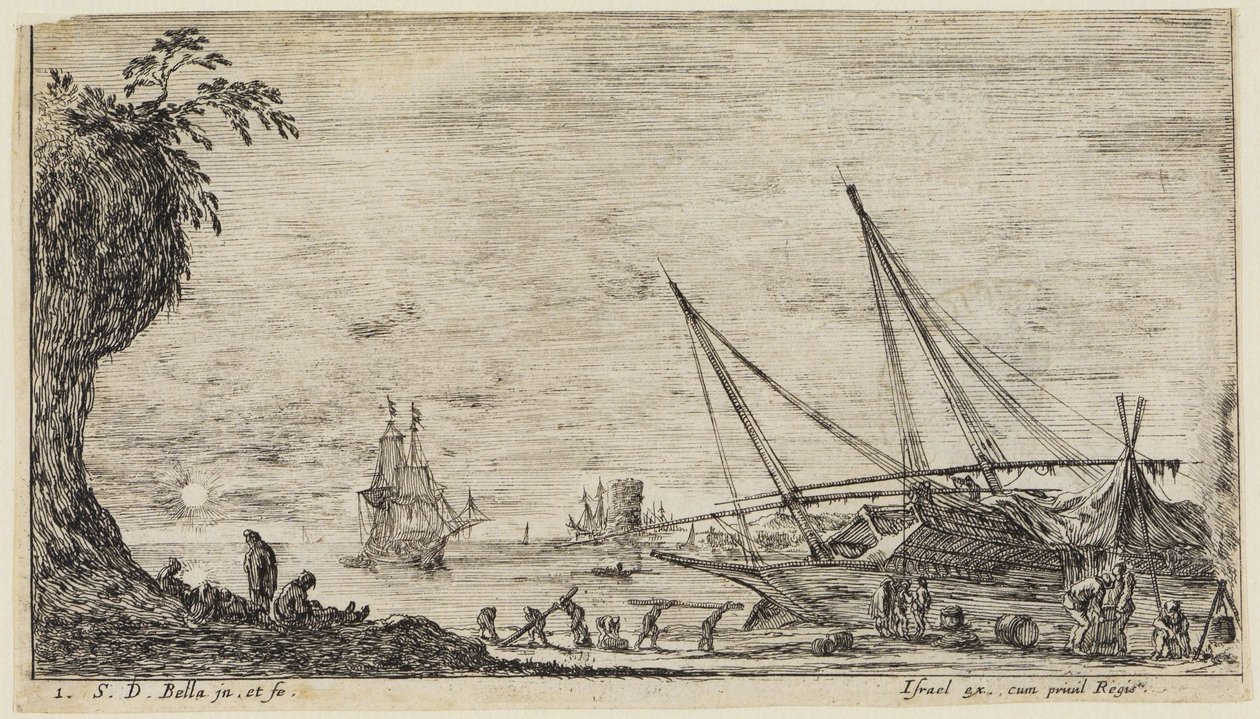 Tengeri tájképek (Paysages maritimes): Tengeri kikötő tengerészekkel és munkásokkal, akik rönköket szállítanak alkotó: Stefano della Bella