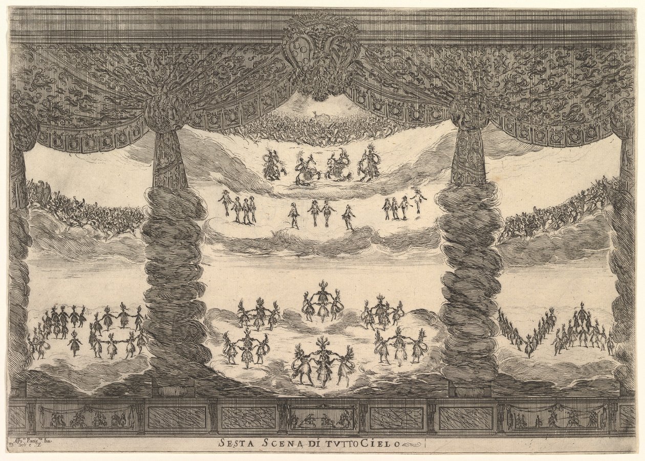 Hatodik jelenet, az egek, Az istenek házassága Le nozze degli Dei, 1637-ből. alkotó: Stefano della Bella