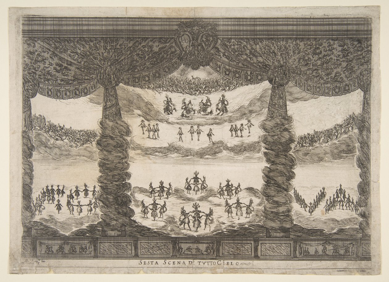 Hatodik jelenet, az egek, Az istenek házassága Le nozze degli Dei, 1637-ből. alkotó: Stefano della Bella