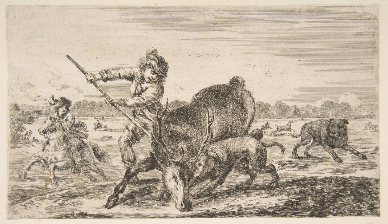 Szarvasbika, az Állatvadászatból Vadászatok különböző állatokra, kb. 1654. alkotó: Stefano della Bella