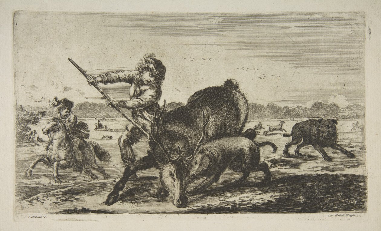 Szarvasbika, az Állatvadászatból Vadászatok különböző állatokra, kb. 1654. alkotó: Stefano della Bella