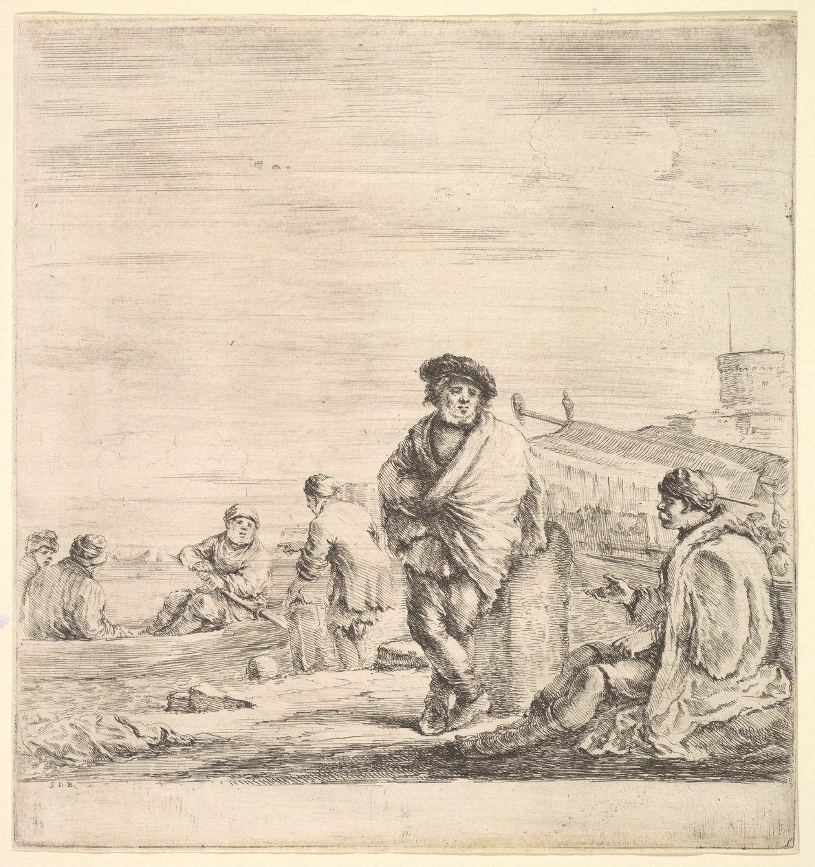 Középen álló matróz egy ülő levantei férfival beszélget balra, a profilon látható..., kb. 1658-63. alkotó: Stefano della Bella