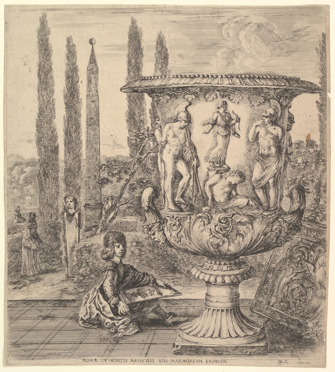 A Medici-váza, jobbra egy nagy váza, amelyet... 1656-os áldozati ábrázolás díszít. alkotó: Stefano della Bella