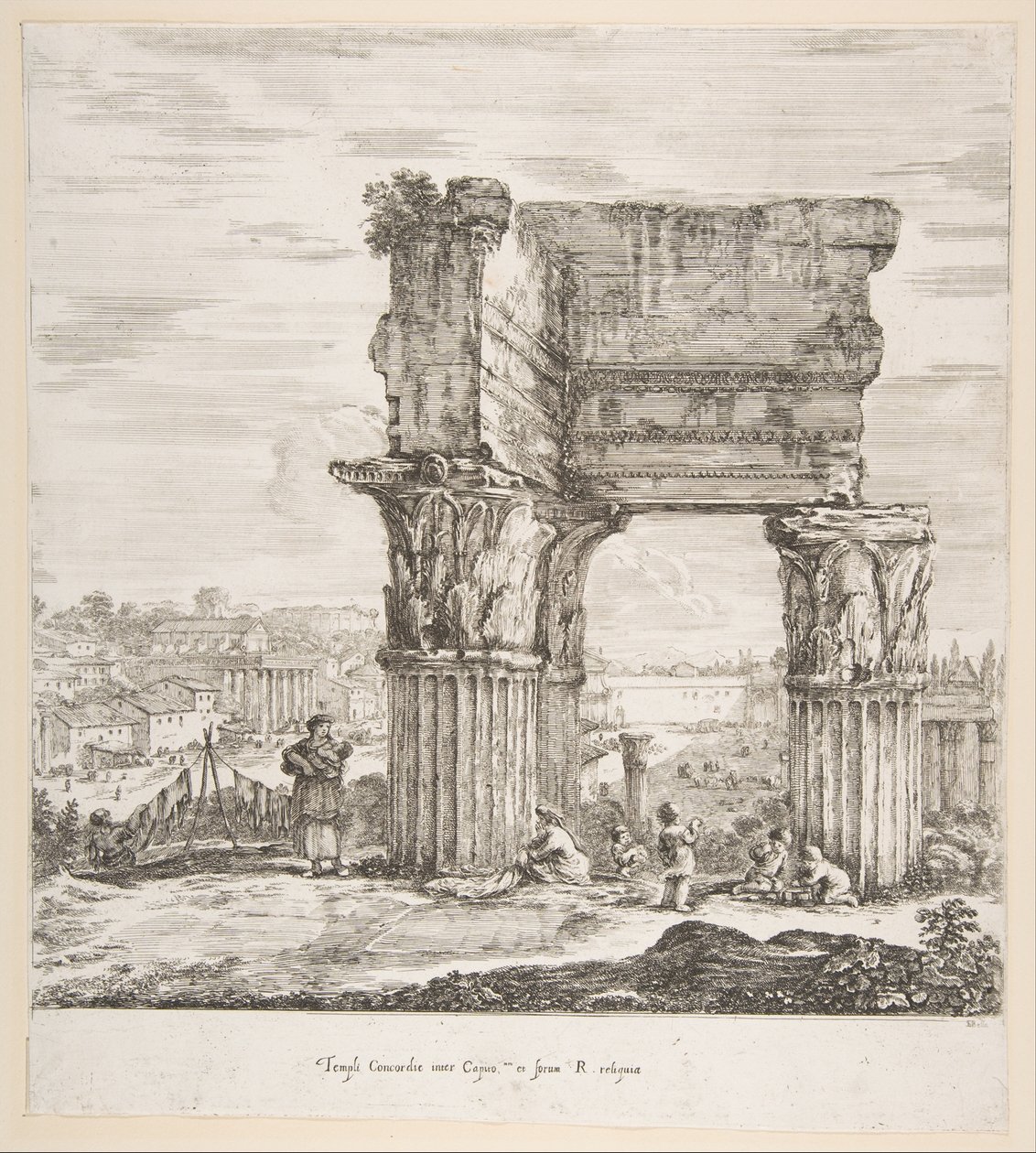 A Vespasianus-templom és a Forum Romanum, hat nagy kilátásból, négy Rómából és két ..., 1656. alkotó: Stefano della Bella