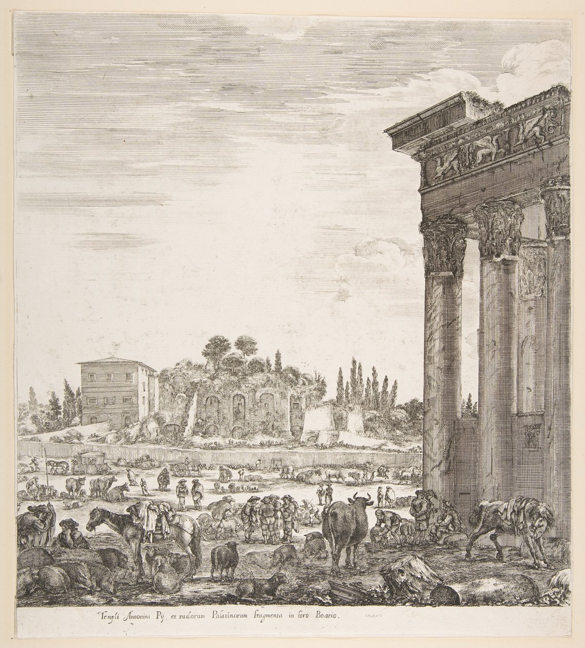 Jobbra az Antoninus-templom oszlopai, középen a Campo Vaccino egy része és..., 1656. alkotó: Stefano della Bella