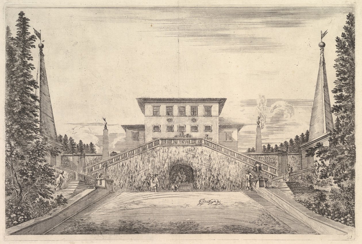 A középső villát négy obeliszk szegélyezi, egy lépcső mindkét oldalra, egy szobor ..., kb. 1653. alkotó: Stefano della Bella