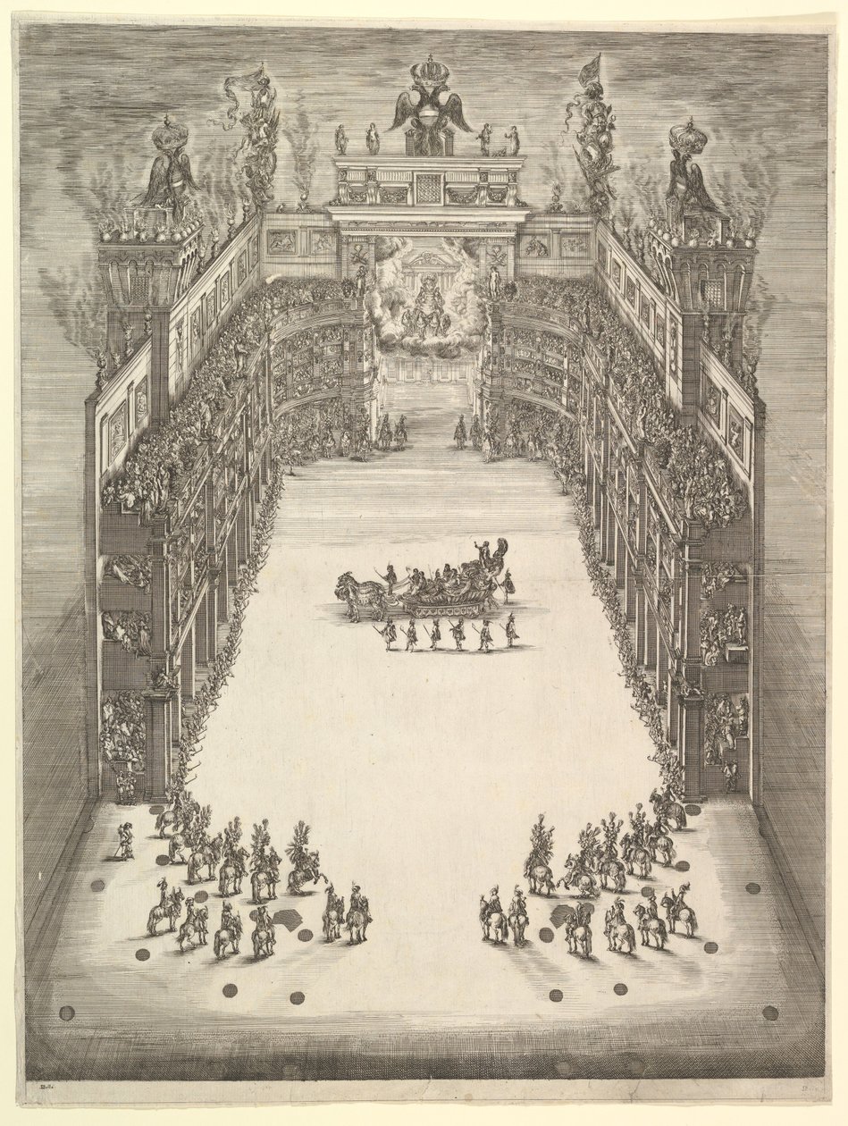 Modenai Színház felülről nézve, tele nézőkkel, diadalmas autóval a cen..., 1652. alkotó: Stefano della Bella