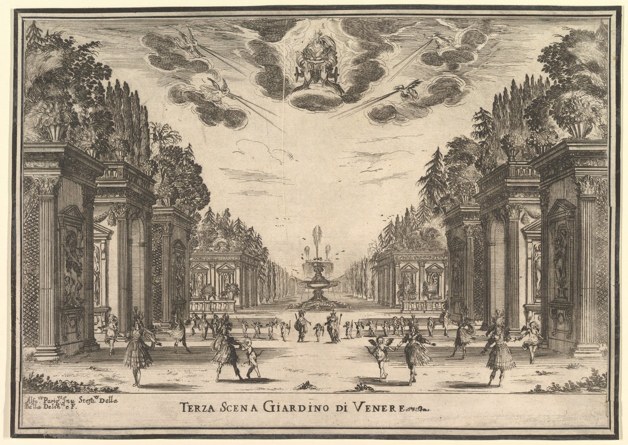 Harmadik jelenet, a Vénusz kertje, az „Istenek házasságából”, Le Noze Degli Dei, 1637. alkotó: Stefano della Bella