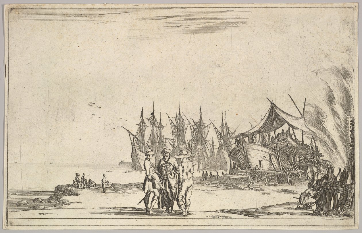 Középen három kalapos férfi áll, jobbra egy hajót rögzítő férfiak, öt hajó és vari..., 1639. alkotó: Stefano della Bella