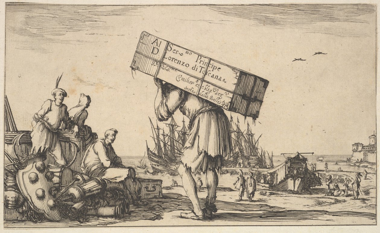 Címlap: középen egy férfi, aki hátán tokot cipel, három férfi néz feléje ..., 1639. alkotó: Stefano della Bella
