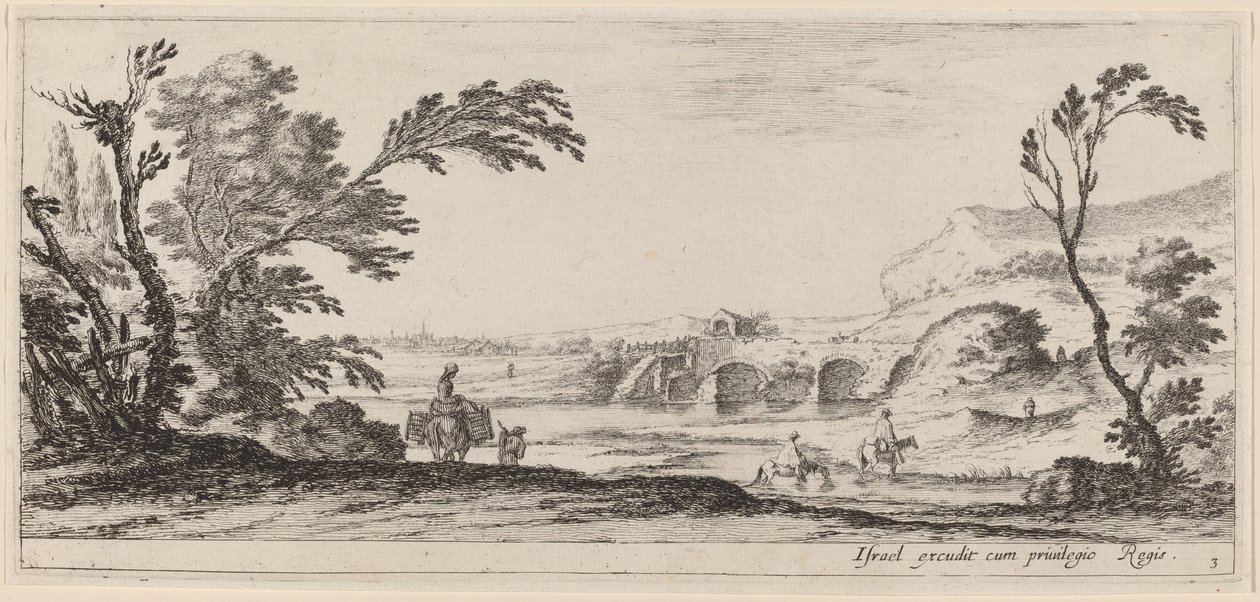 Utazók, akik egy folyamon forognak, 1647-ben vagy az előtt. alkotó: Stefano della Bella