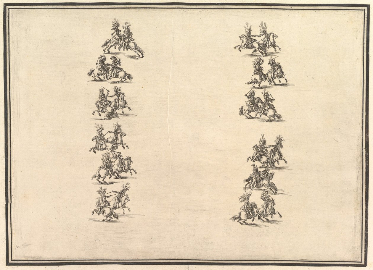 Huszonnégy lovas párbajozni és két oszlopot alkotni a La Gara delle Stagioniból, 1652. alkotó: Stefano della Bella